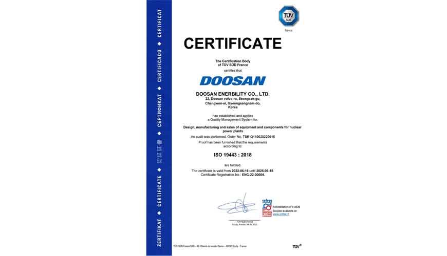 Doosan Enerbility Received EU-Accredited International Certification for Nuclear Safety