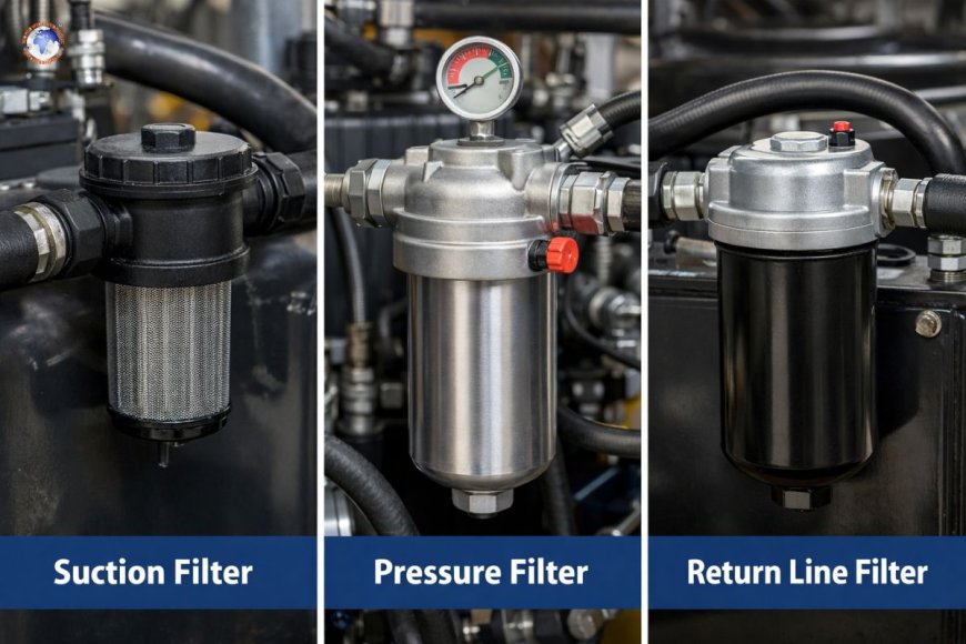 Comparison of suction, pressure, and return line filters in hydraulic systems