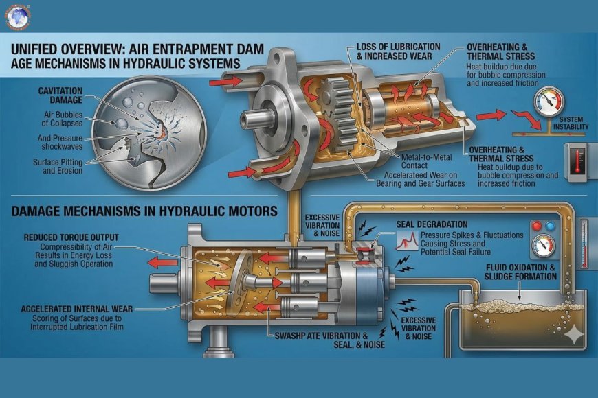 How can air entrapment damage hydraulic pumps and motors?