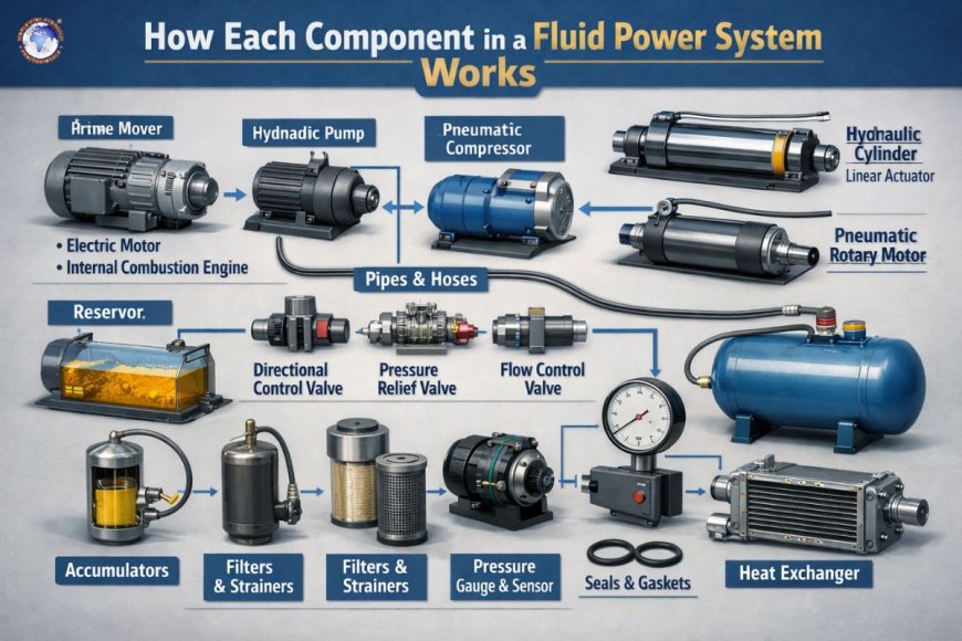 How does each component in a fluid power system work?