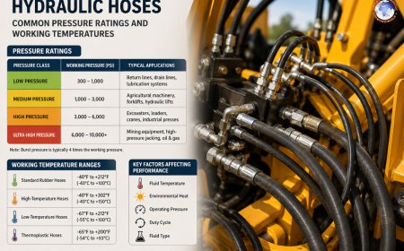 What are the common pressure ratings and working temperatures for hydraulic hoses?