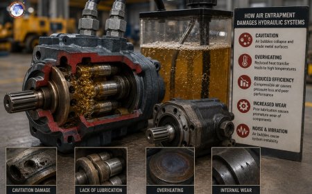 How can air entrapment damage hydraulic pumps and motors?