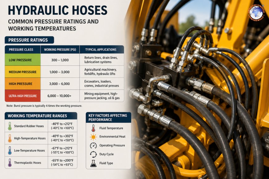 What are the common pressure ratings and working temperatures for hydraulic hoses?