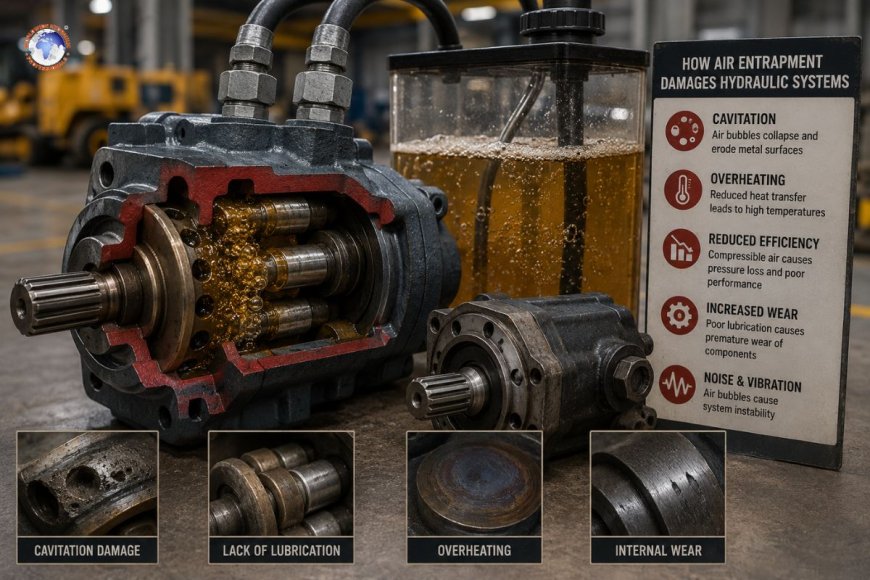 How can air entrapment damage hydraulic pumps and motors?