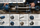 What are the main parts of a hydraulic cylinder and what does each do?
