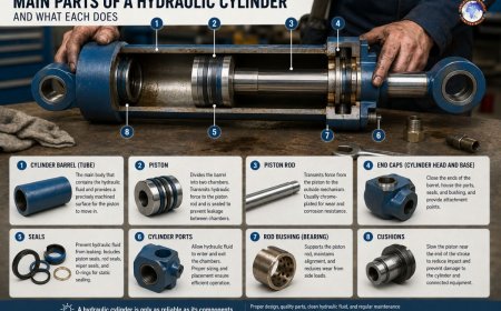 What are the main parts of a hydraulic cylinder and what does each do?