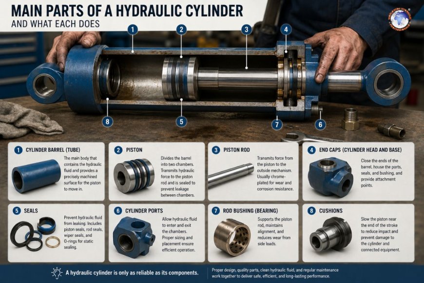 What are the main parts of a hydraulic cylinder and what does each do?