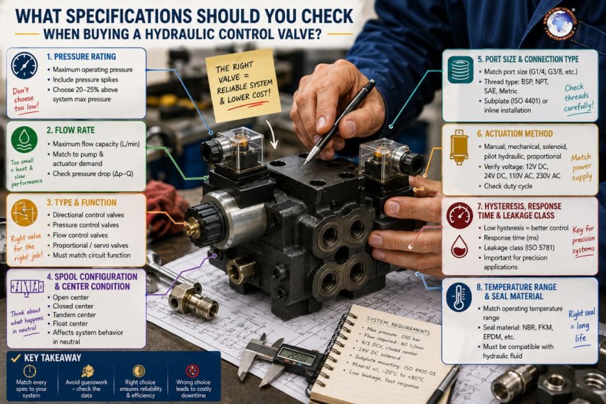 What specifications should you check when buying a hydraulic control valve?