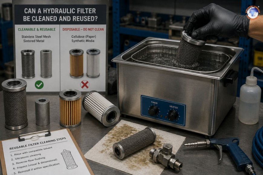 Can a hydraulic filter be cleaned and reused?