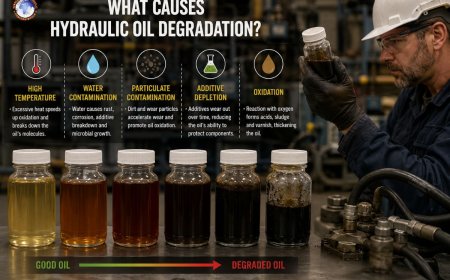 What causes hydraulic oil degradation?