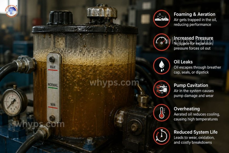What happens if hydraulic oil is overfilled?