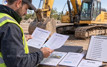 What documents should you check when buying used heavy equipment?